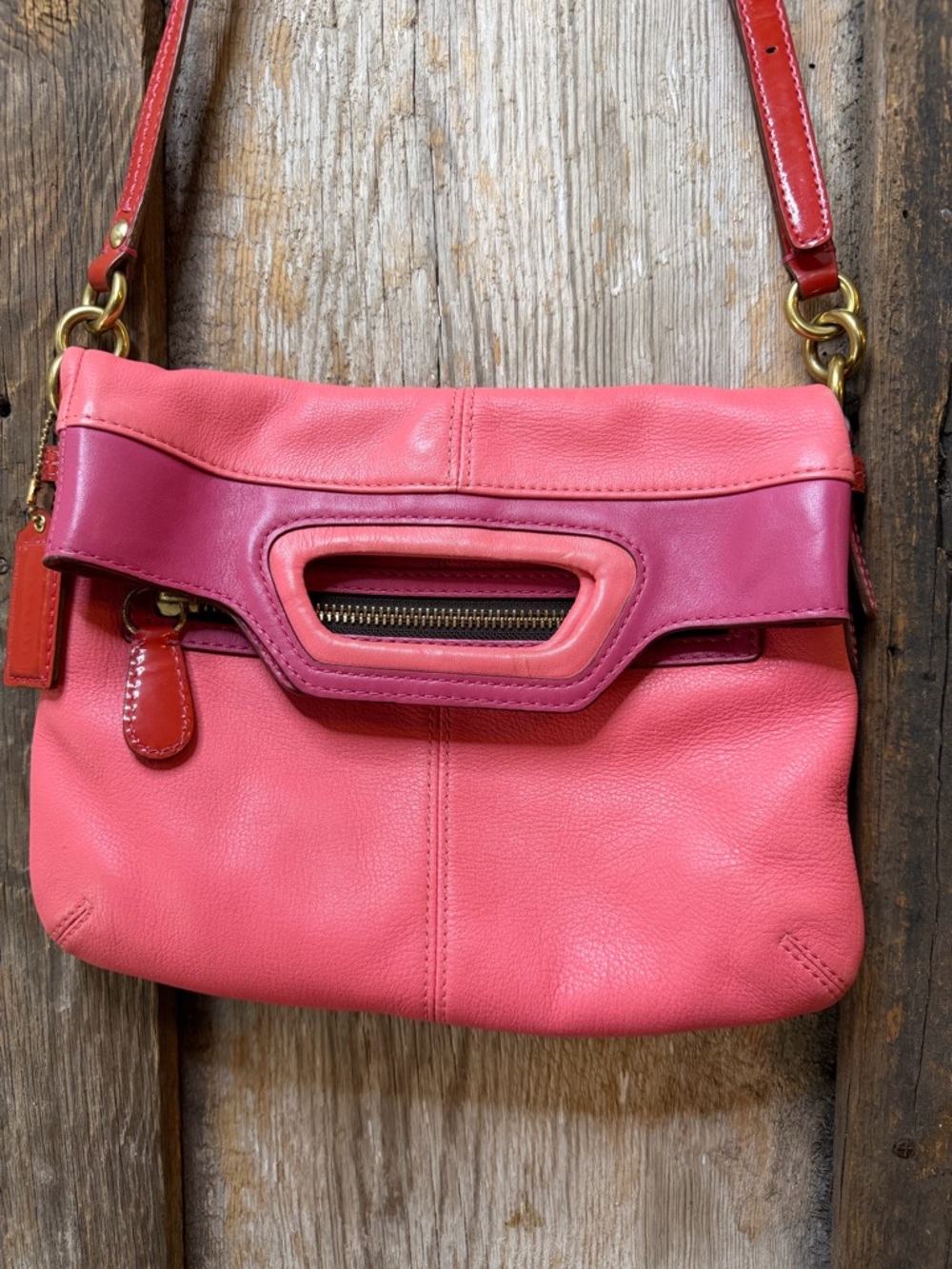 VTG Coach Bonnie Cashin 13388 Pink Red Colorblock Fold Over Crossbody Bag Y2K - Picture 2 of 16